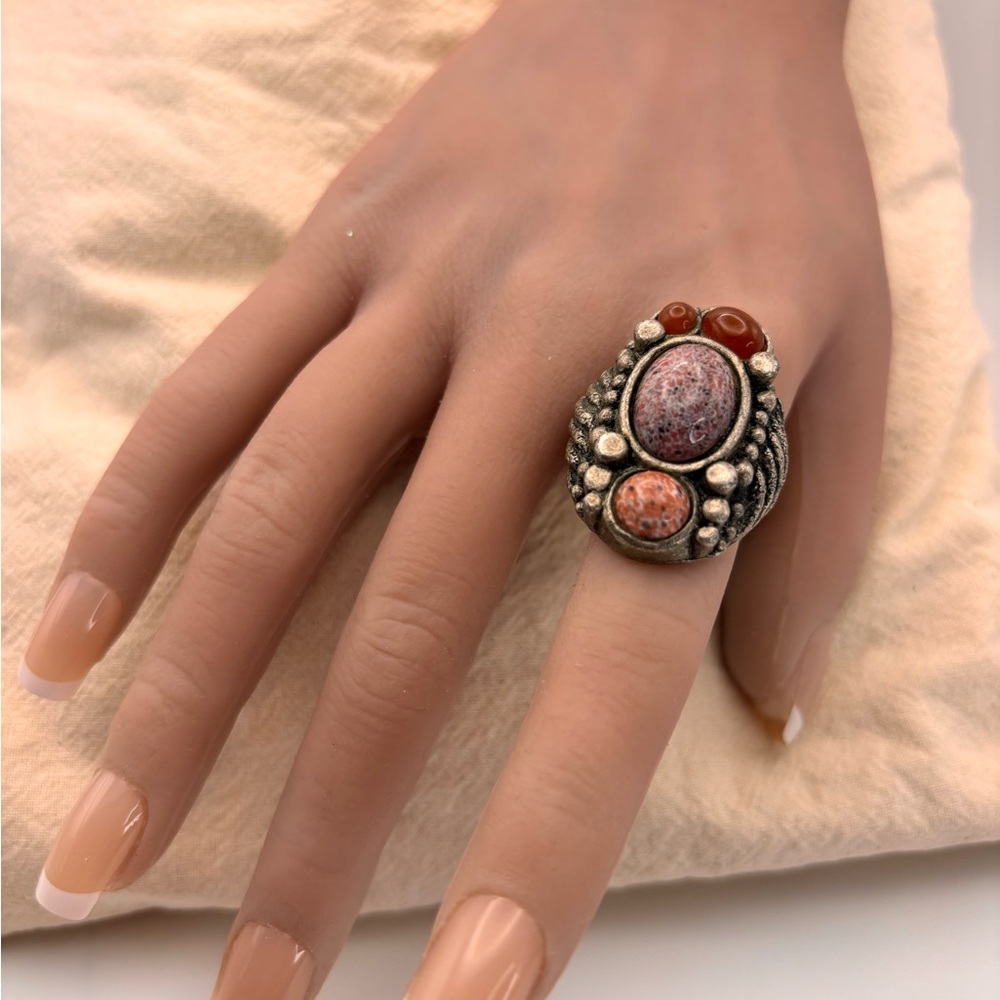Rare Vintage-Style Boho Statement Ring | Adjustable | Pink & Carnelian - Picture 4 of 16